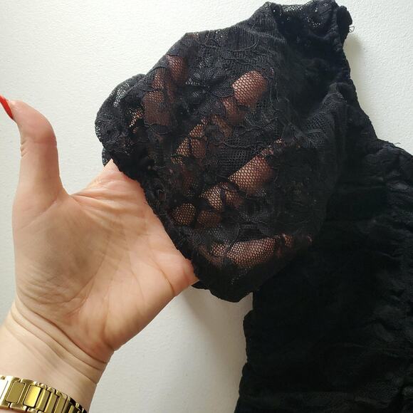 Y2K Whimsigoth Witch Goth Girl Top XL Black Puff Sleeve Lace Crop Ruched Corset1 - Picture 3 of 8